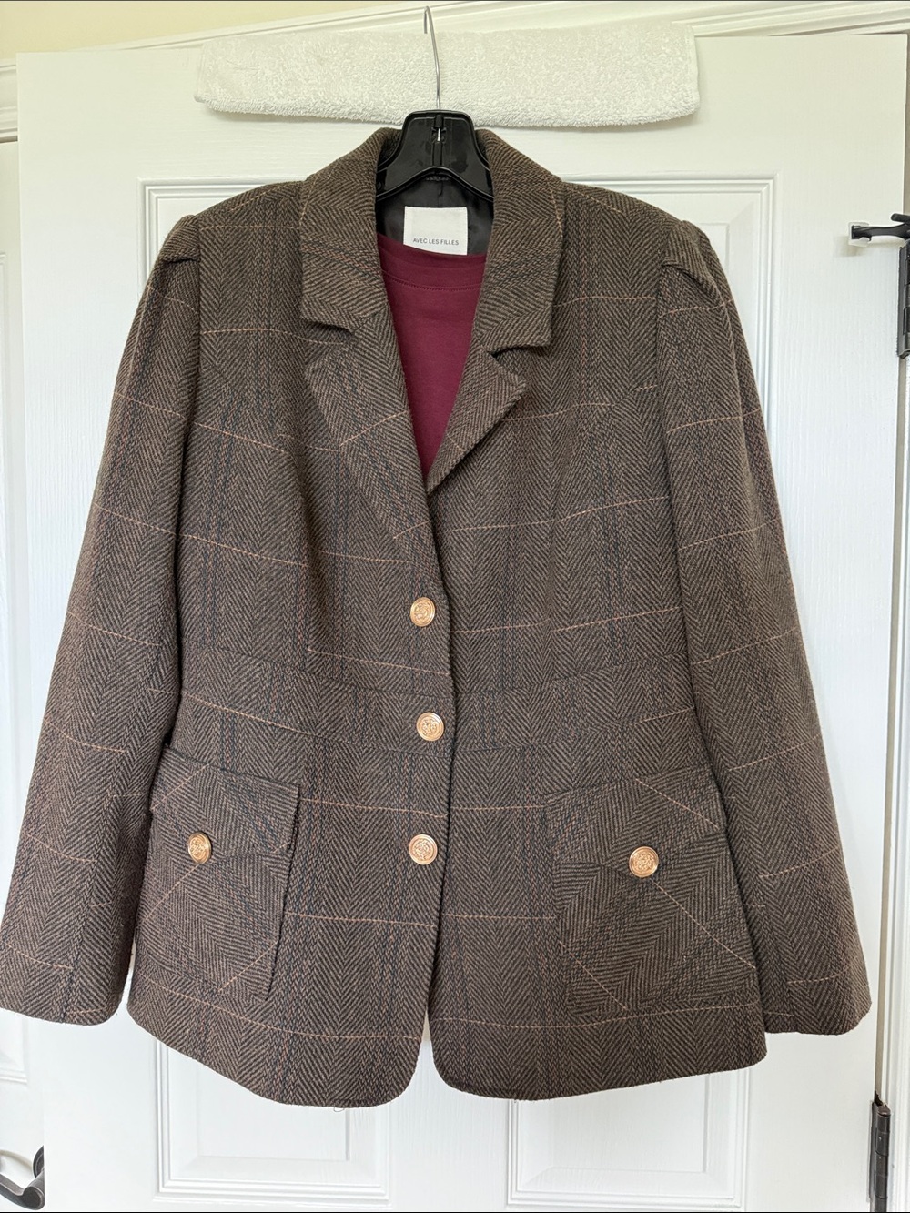 Avec Les Filles Anthropologie Mixed Plaid Blazer Gold Buttons Large